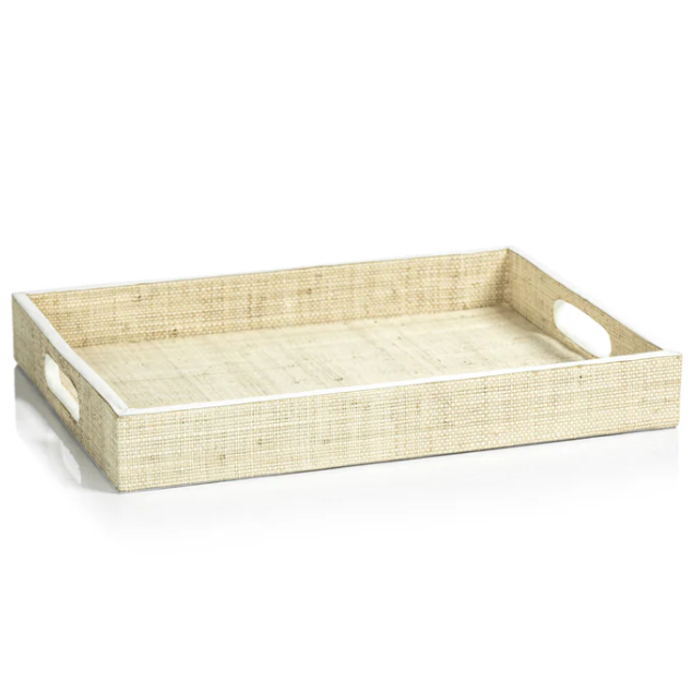 Atelier Natural Fiber Raffia Serving Tray with Leather Trim - Small