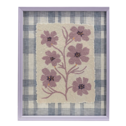 Wood Framed Glass Wall Décor W Flowers Plaid Pattern, 2 Styles