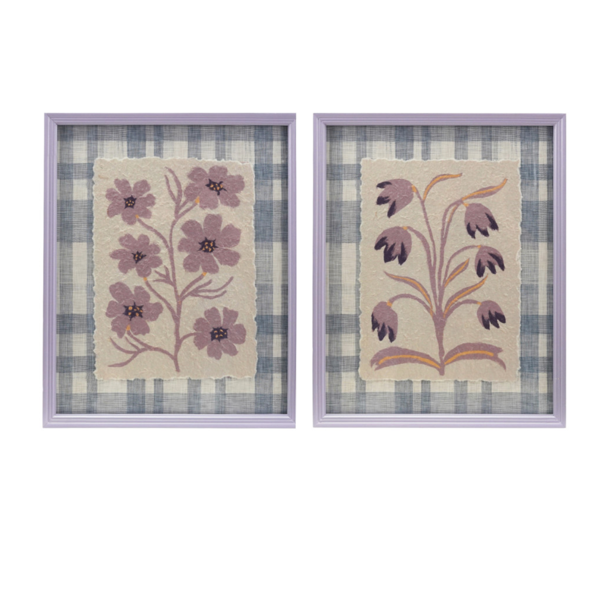 Wood Framed Glass Wall Décor W Flowers Plaid Pattern, 2 Styles