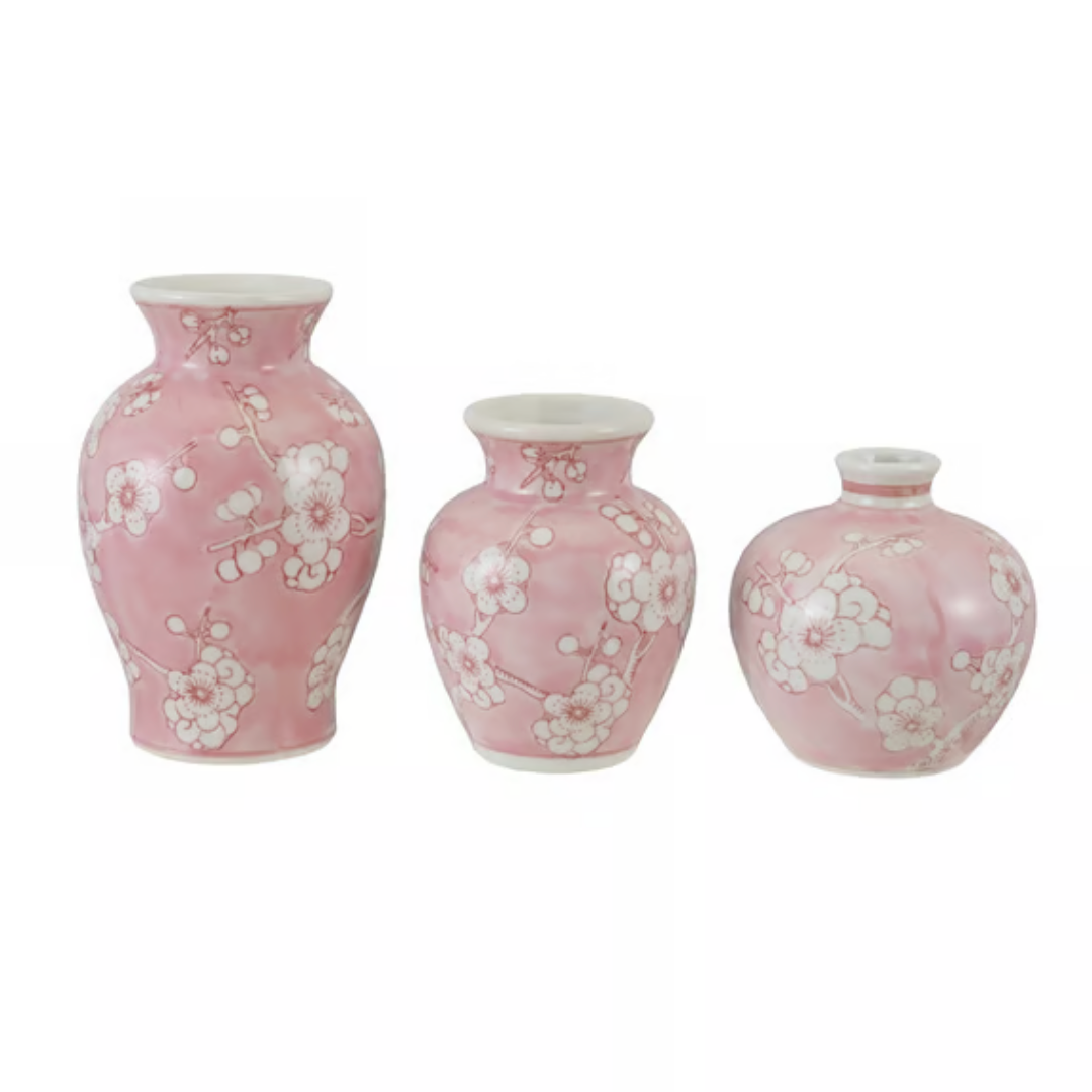 Hand-Painted Stoneware Vase W Cherry Blossoms,Pink & White,3 Styles