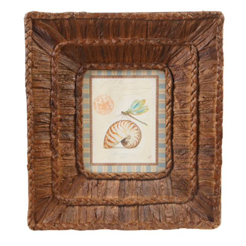 Woven Water Hyacinth Framed Glass Wall Décor w Shells,2 Styles