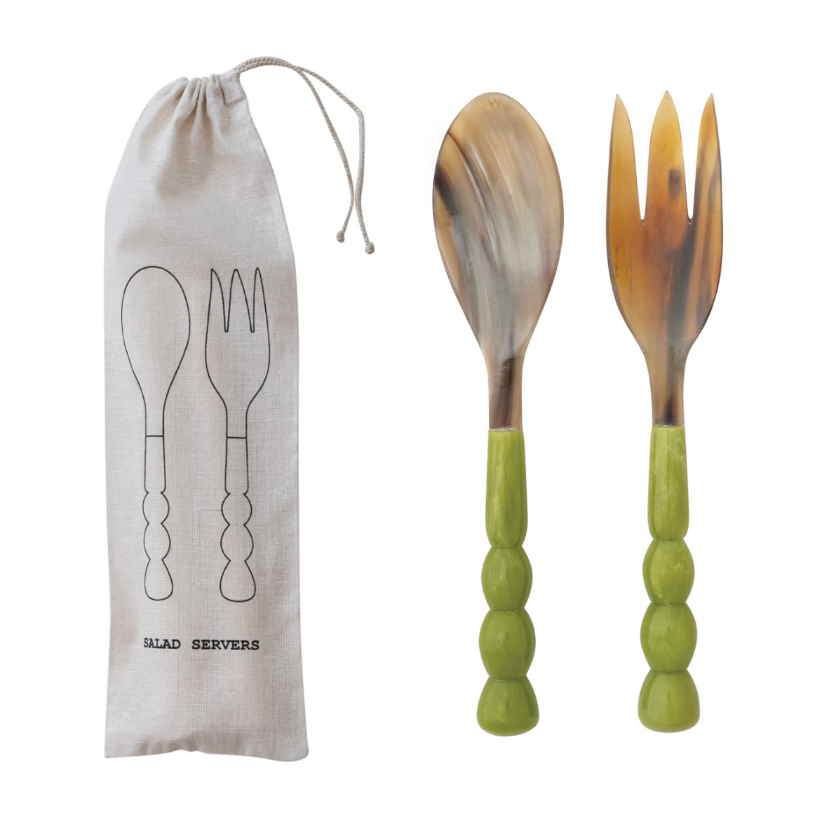 Natural Horn Salad Servers with Resin Handles, Set of 2 in Bag- Green