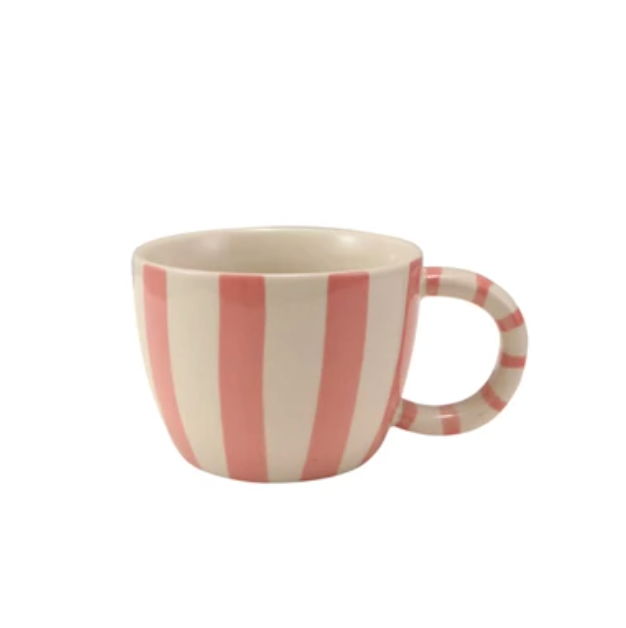10 oz. Hand-Painted Stoneware Striped Mug, pink/white striped