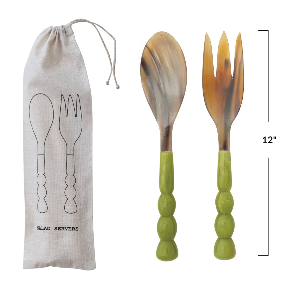 Natural Horn Salad Servers with Resin Handles, Set of 2 in Bag- Green