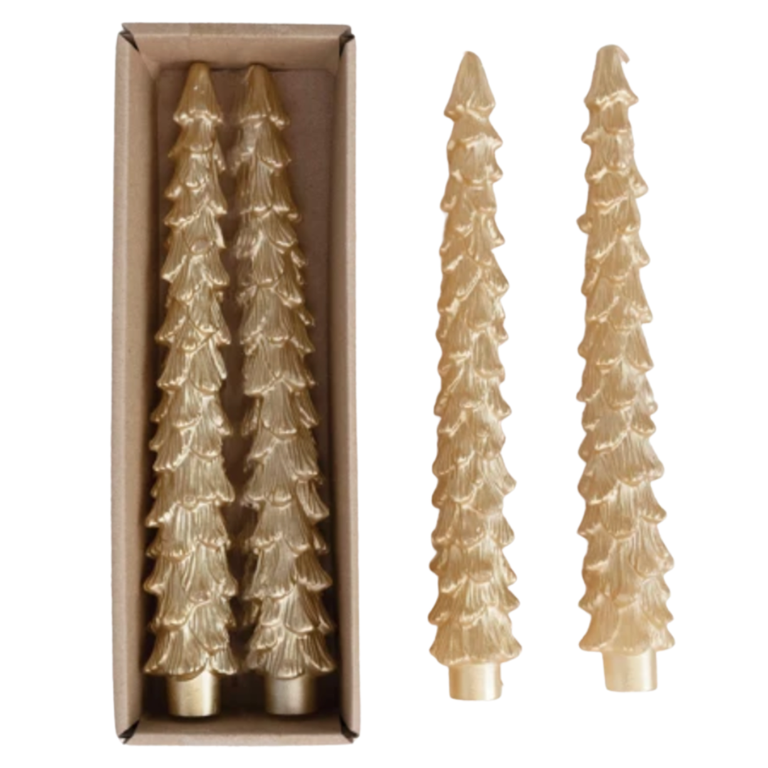 Gold, Unscented Tree Shaped Taper Candles, Set of 2