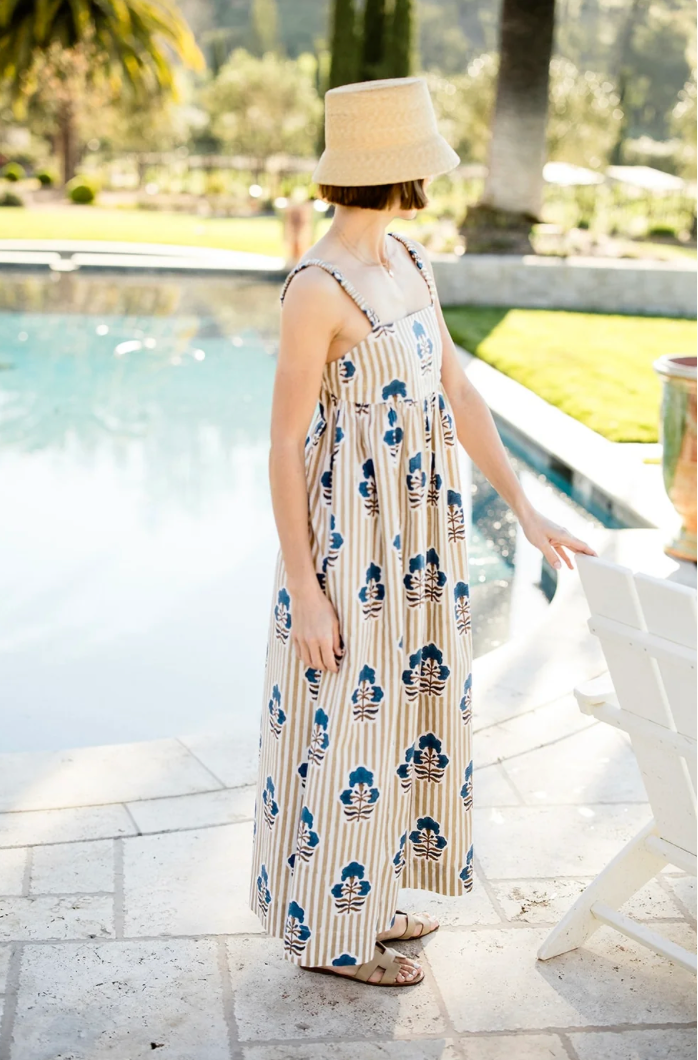Laguna Sun Dress Khaki Stripe w/ Brown Navy Flower