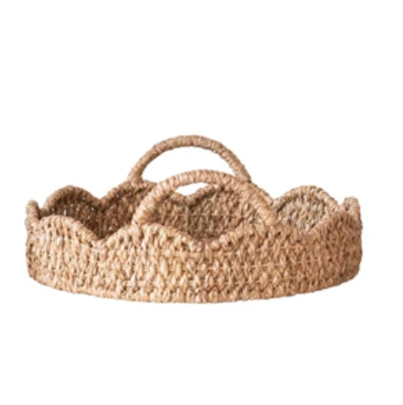 (M) Round Braided Rattan Trays w/ Scalloped Edges, Handles