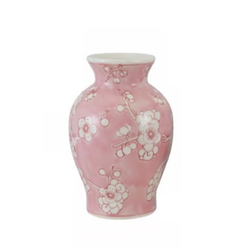 Hand-Painted Stoneware Vase W Cherry Blossoms,Pink & White,3 Styles