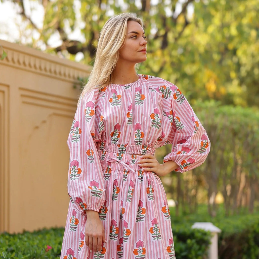 Newport Top Pink/Orange Flower on Pink Stripe