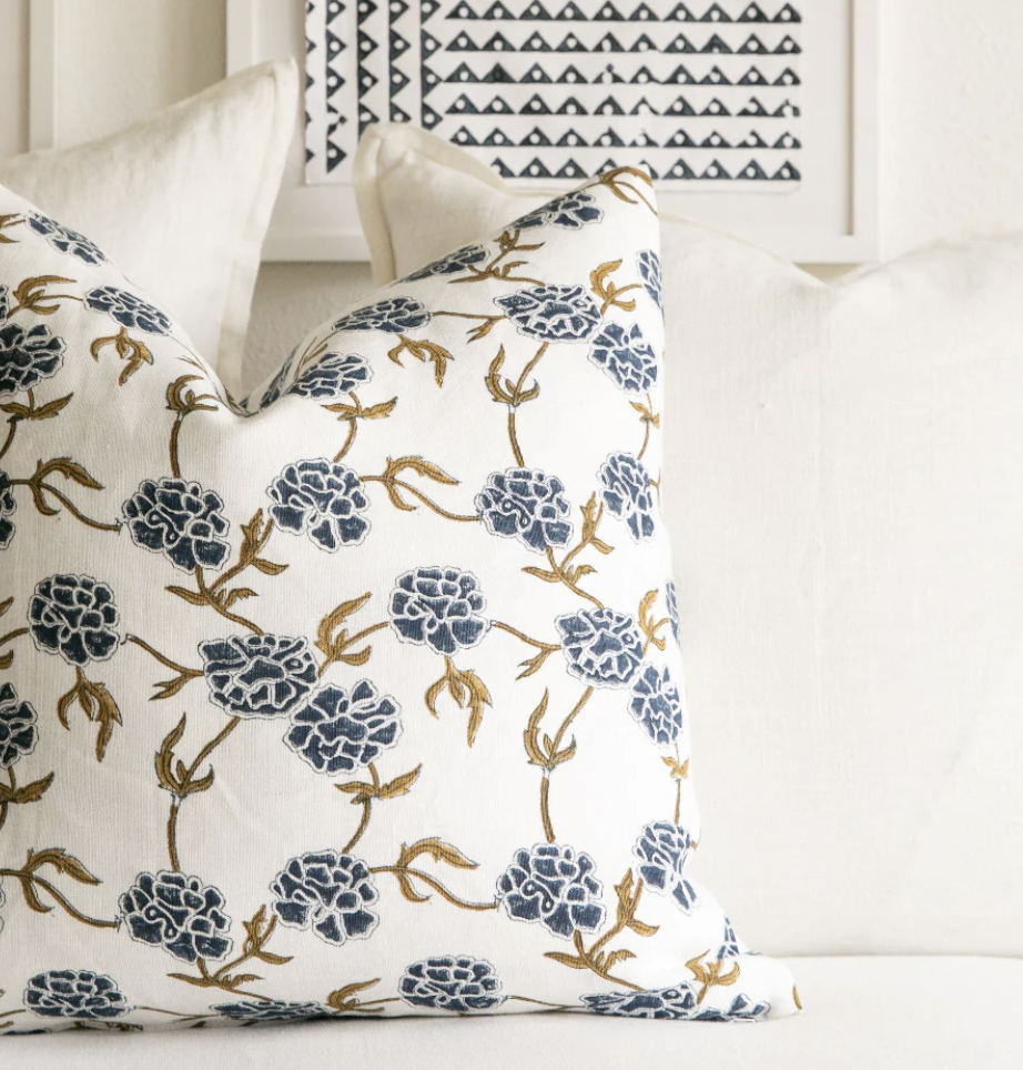 Modern Marigold Indigo on White Pillow